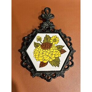 Vintage Japan Hexagon Cast Iron Trivet with Ceramic Yellow Flowers Kitchen Decor